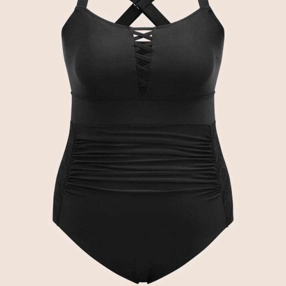 BloomChic Black Crisscross One Piece Swimsuit Ruched Tummy Control Womens 10 - Picture 12 of 14